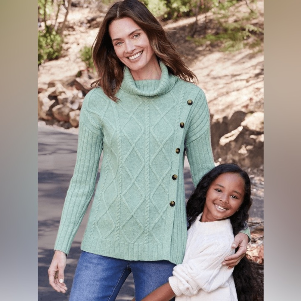 SOFT SURROUNDINGS AUDETTE CABLE KNIT SIDE BUTTON GREEN COWL NECK SWEATER